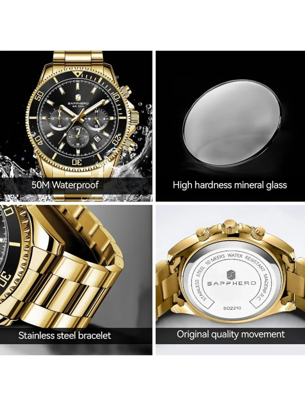 Men's Gold Strap Black Face Chronograph Stainless Steel Waterproof Wrist Watches